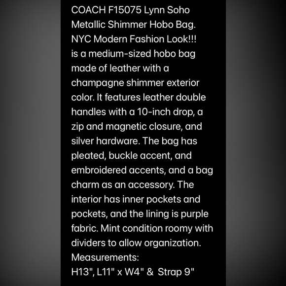 COACH F15075 Lynn Soho Metallic Shimmer Hobo Bag. - Picture 2 of 10